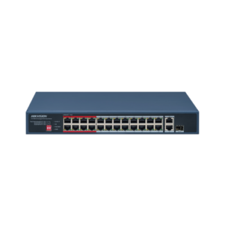 Switch PoE+ / No Administrable / 24 Puertos 10/100 Mbps PoE+ / 2 Puertos 1000 Mbps Uplink / 1 Puerto SFP Uplink / Modo Extendido hasta 300 Metros / 230 W