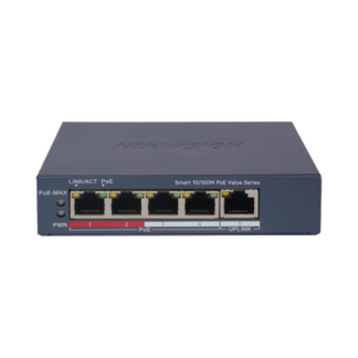 Switch PoE+ / Monitoreable / 4 Puertos 10/100 Mbps PoE+ / 1 Puerto 10/100 Mbps Uplink / Configuración Nube Hik-PartnerPro / Modo Extendido hasta 300 Metros /  45 W