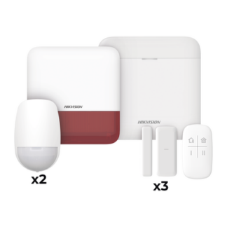 (AX PRO) KIT de Alarma AX PRO / Incluye: 1 Hub con batería de respaldo / 2 Sensores PIR / 3 Contactos Magnéticos mini / 1 Control Remoto / 1 Sirena Inalambrica Exterior color rojo / WiFi / Compatible con Hik-Connect P2P
