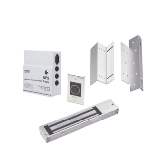 Kit para control de acceso incluye Fuente de 12VCD con respaldo de batería/ Chapa magnética de 600Lbs / Montajes L y Z / Botón de salida