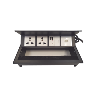 Caja Horizontal Tipo Hub para Escritorio Color Negro, con 1 Puerto HDMI Hembra-Hembra, 1 Puerto RJ45 Cat6, 2 Puertos USB (Solo Carga), y 2 Contactos Eléctricos Universales