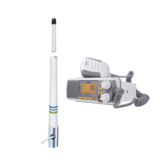 Kit de radio móvil VHF marino modelo UM-385 color blanco y antena marina Shakespeare de fibra de vidrio 5101