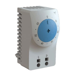 Termostato/Interruptor Para Control de Temperatura en Grados Celsius, Para Uso con Ventiladores, Con Terminales de Conexión, y Clip para Riel Din de 35 mm, Color Gris Claro