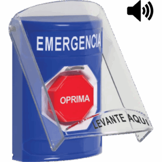 Botón Multipropósito, Color Azul, De Superficie, Con Tapa De Policarbonato, Con Bocina Pre Alarma, Solo Interior, Llave Para Restablecer, Texto De Emergencia, Español