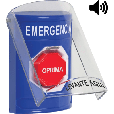 Botón Multipropósito, Color Azul, De Superficie, Con Tapa De Policarbonato, Con Bocina Pre Alarma, Solo Interior, Llave Para Restablecer, Texto De Emergencia, Español